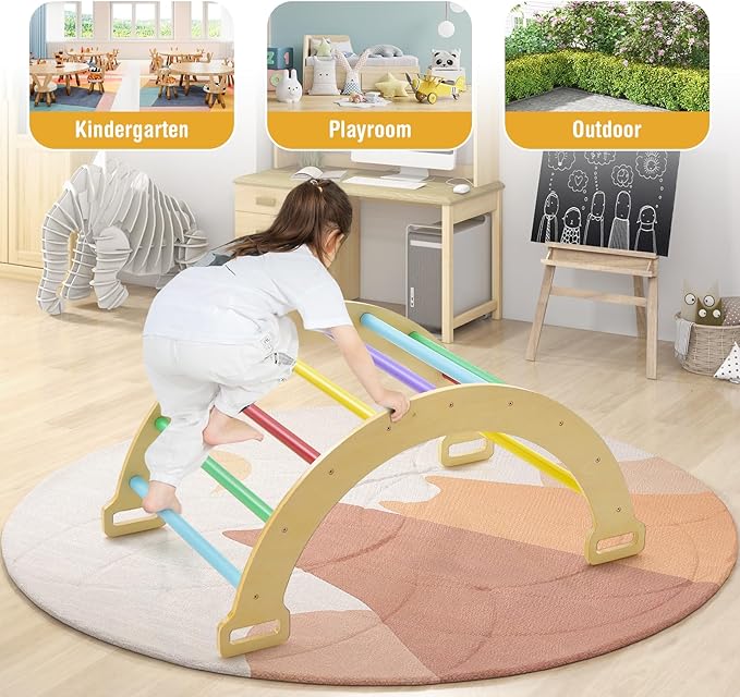 INFANS Wooden Arch Climber Rocker with Soft Cushion, 4 in 1 Montessori Climbing Ladder Toys for Toddlers, Waldorf Indoor Baby Children Ladder Gym Learning Playset Gift for Kids Boys Girls