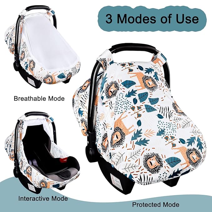 SWESEN Car Seat Covers for Babies, Lion Baby Car Seat Cover with Zipper Mesh, Carseat Cover Boy, Stretchy Infant Carseat Canopy, Animal