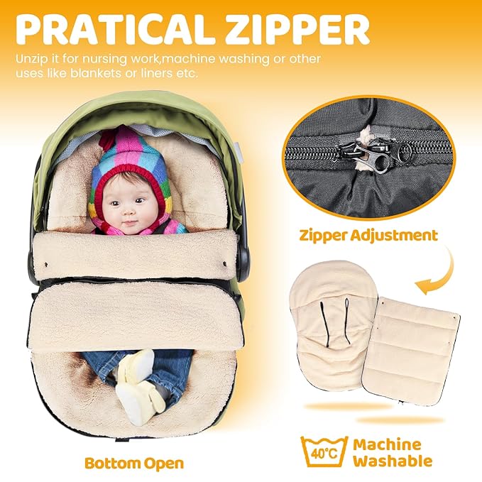 Orzbow Winter Baby Car Seat Cover, Universal Car Seat Bunting Bag for Babies with Adjustable Zipper, Removable Car Seat & Stroller Footmuff to be Blanket, Carseat Cover with Warm Berber Fleece, Black