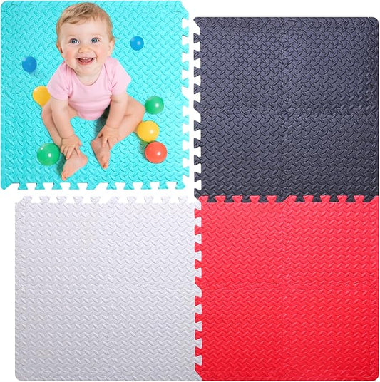 Coolcandy Baby Foam Play Mat 16Pcs with Edge Strips, 4 Colors Interlocking Floor Tiles, 0.4″ Thickened Non-Slip Puzzle Floor Mat for Infants Toddlers Playroom & Daycare