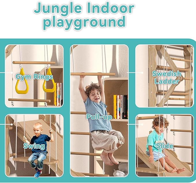 5-in-1 Indoor Playground Swedish Ladder Jungle Gym with Swing,Pull-Up Bar,Rope Ladder,Climbing Wall,Slide and Gymnastic Rings for Kids Ages 4-8