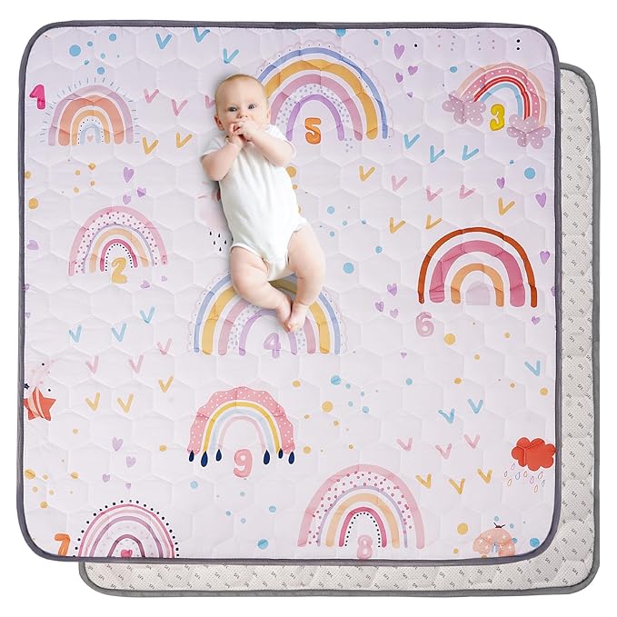 Baby Play Mat 50x50, Premium Baby Mat for Floor, Odorless Baby Mat, Soft Baby Playmat for Infants, Non-Slip Baby Play Mat for Playing, Machine Washable Baby Crawling Mat (Boho Rainbow)