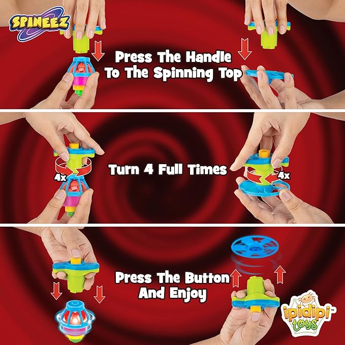 IPIDIPI TOYS Spineez Light Up Flying Saucer Spinning Tops – 12-Pack UFO Spinner Toy, Easter Basket Stuffers for Kids, Birthday Party Favors, Goodie Bag Stuffers, School Prizes for Boys & Girls – Red