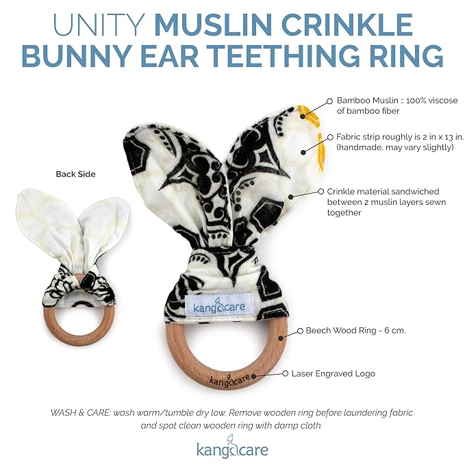 Kanga Care Baby Soft Muslin Sensory Crinkle Bunny Ear Wood Teething Ring - Unity Bees