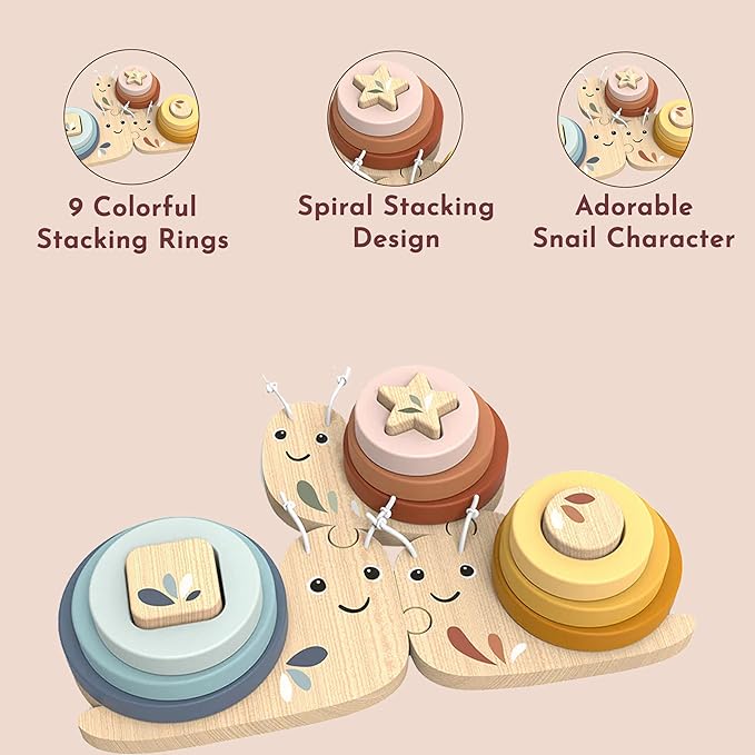 SPEEDY MONKEY Snail Educational Game for Toddlers 18m+ | Wooden Stacking & Sorting Ring Toy for Kids | Color Recognition, Counting & Fine Motor Skills Activity | Preschool Learning Gift