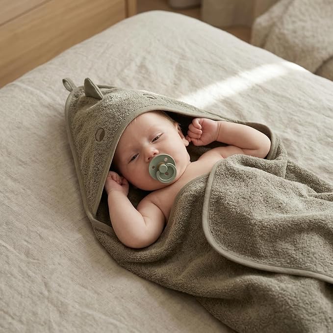 Hooded Baby Towels - 100% Organic Cotton Baby Bath Towels, 32" x 32" Super-Soft and Absorbent Baby Towels for Newborn 2-Pack (Towel Dino Green Moss/Dino Tradewinds)