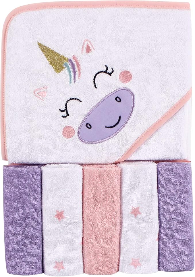 Luvable Friends Unisex Baby Hooded Towel with Five Washcloths, Unicorn, One Size