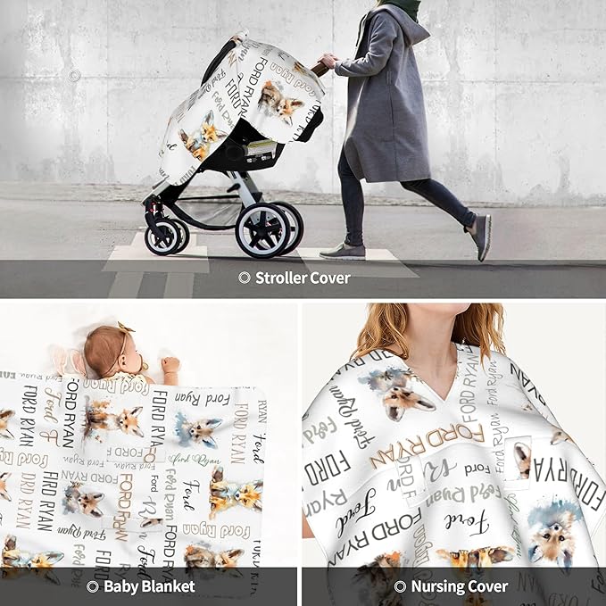 Personalized Winter Baby Car Seat Cover with Name Fox Winter Car Seat Cover for Baby Seat or Stroller Custom Infant Car Seat Covers Minky Blankets Nursing Cover Breastfeeding Scarf