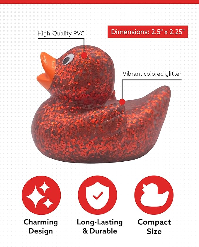 Alpi Glitter Ducks – Set of 5 Fun & Sparkly Rubber Ducks & Bath Toys - Decorative, Collectible, and Great for Parties, Gifts & Bath Time (Red)