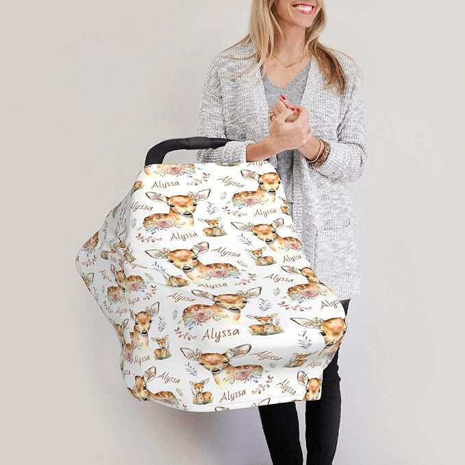 Personalized Deer Baby Car Seat Cover with Name,Multi-Use Canopy for Nursing, Strollers,Shopping Carts,Customized Breastfeeding Cover, Full Privacy,Infant Stroller Cover