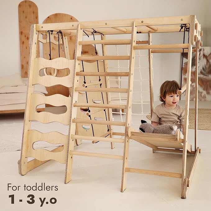 Goodevas Improves 9-in-1 Indoor Climbing Frame for Kids, Montessori Climbing Frame with Slide, Swing, Climbing Wall, Climbing Triangle - Playground for Nursery