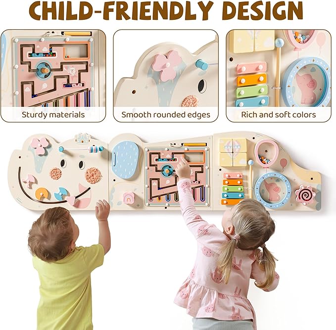 ROBUD Elephant Montessori Busy Board, 12-in-1 Activity Wall Busy Board, Montessori Sensory Wall Panel for Boys & Girls, Toddler Learning Activity Center for Playroom, Nursery, Beige