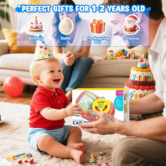 Toys for 1 Year Old Boy Gifts - 2-in-1 Toddler Push Car & Musical Racing Adventure Steering Wheel Driving Game, Interactive Simulated Driving Car for Baby 12-18 Months,Birthday Gift Ages 1-2,Light Red