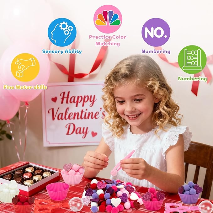 EZdhuawuse Valentines Sensory Bin Fillers - 267P Valentine’s Day Gift Fine Motor Toys Counting Sorting for Kids, Counting Toy with Shiny Heart Pink Pom Poms Cup Clip for Preschool Education Activities