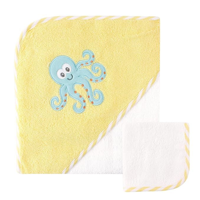 Luvable Friends Unisex Baby Cotton Hooded Towel and Washcloth, Octopus, One Size