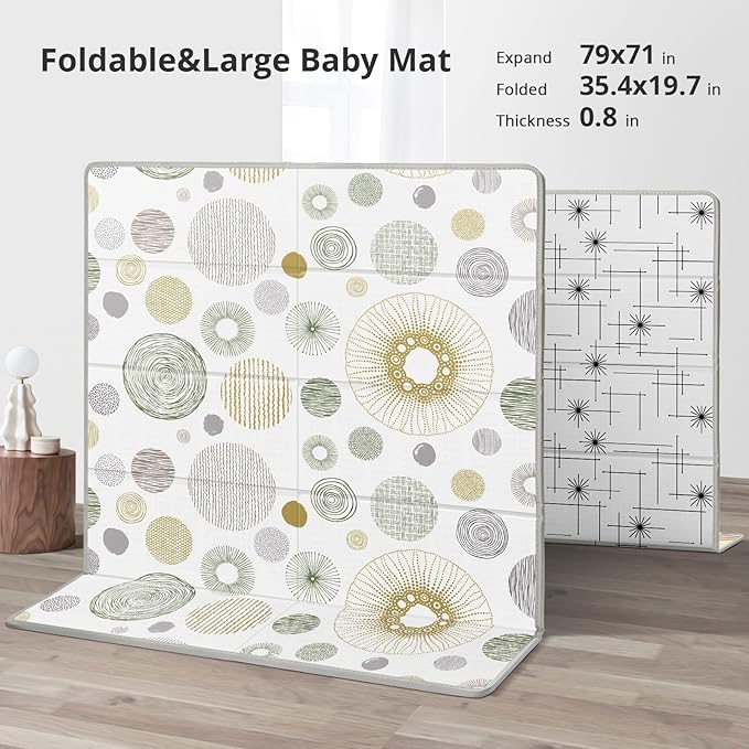 Piglog Extra Large Play Mat for Baby, 0.8 Inch Thick BPA Free, Reversible Foldable Baby Play Mat, 79" x71" Waterproof Foam Floor Baby Crawling Mat, Portable Playmat for Infants, Toddler, Kids, Circle
