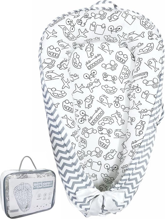Aila+Aiden Baby Lounger | Organic Cotton Infant Lounger | Reversible, Adjustable & Portable Floor Lounger |Supervised Use | Soft, Breathable, Washable Cover - Star Collection (Travel Gray)