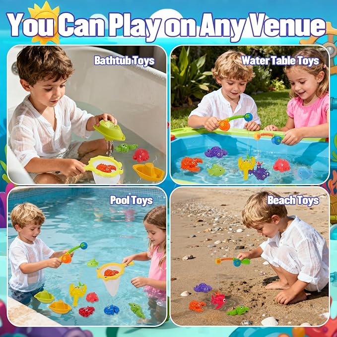 Toddler Bath Toys for Kids Ages 1-3, 22 PCS Mold Free Bath Toys Toddlers 2-4 with Fishing Toy Games, Fishing Pole Rod Net Tub Toys with Mesh Bag, Water Pool Toys for Kids Ages 1 2 3 4 5 6 8 Years Old