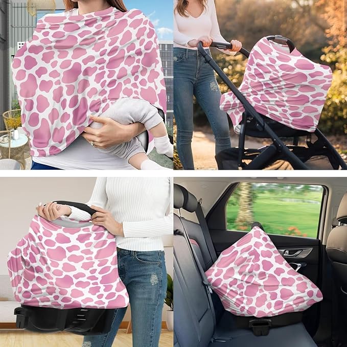 Pink Cow Print Carseat Canopy Stylish Multi-use Breastfeeding Scarf Newborn Breastfeeding Pillow Slipcover Detachable Nursing Pillow Protective