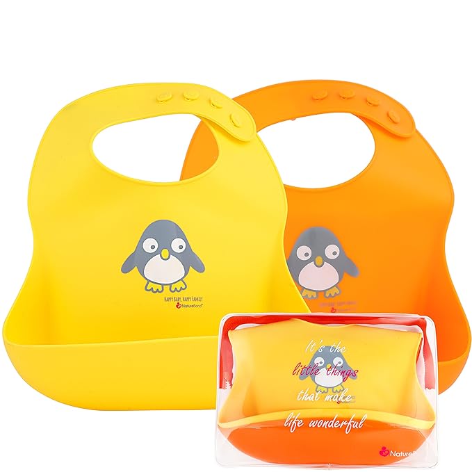 NatureBond Baby Food/Fruit Feeder (2 Pack) and Silicone Baby Bibs (Set of 2 w/Carry Pouch) Bundle