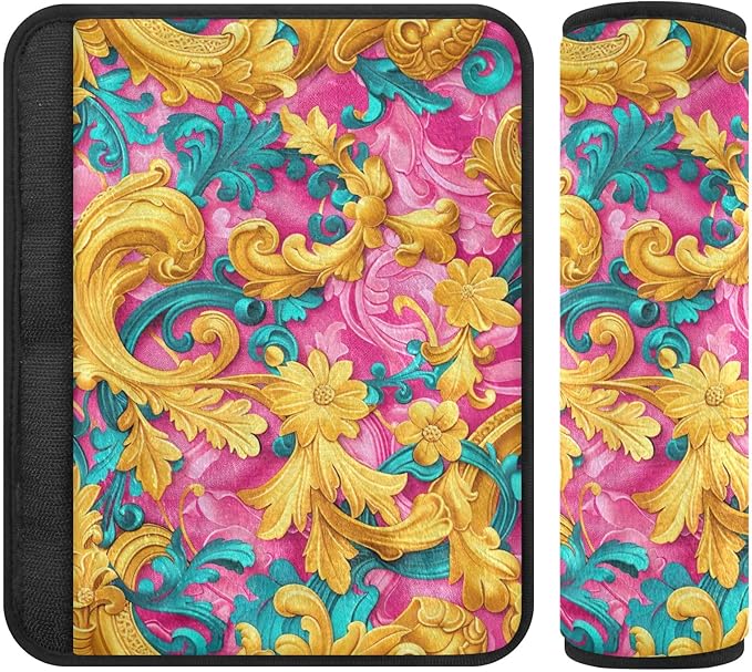 2 Pack Gold Turquoise Pink Flowers Car Seat Belt Covers Universal Seatbelt Covers Shoulder Pads Cushion for Adults Kids Women Men