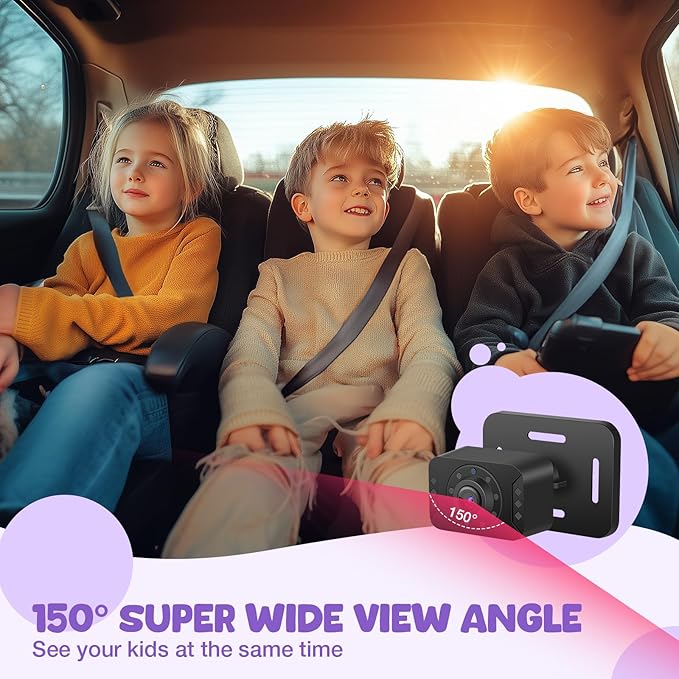 Baby Car Camera with Advanced Crystal-Clear Night Vision, 3X Zoom, USB Powered, 5'' AHD 1080P IPS Car Baby Monitor, Backseat Camera for Kids Infants Rear Facing Mirror, 5inch, Purple