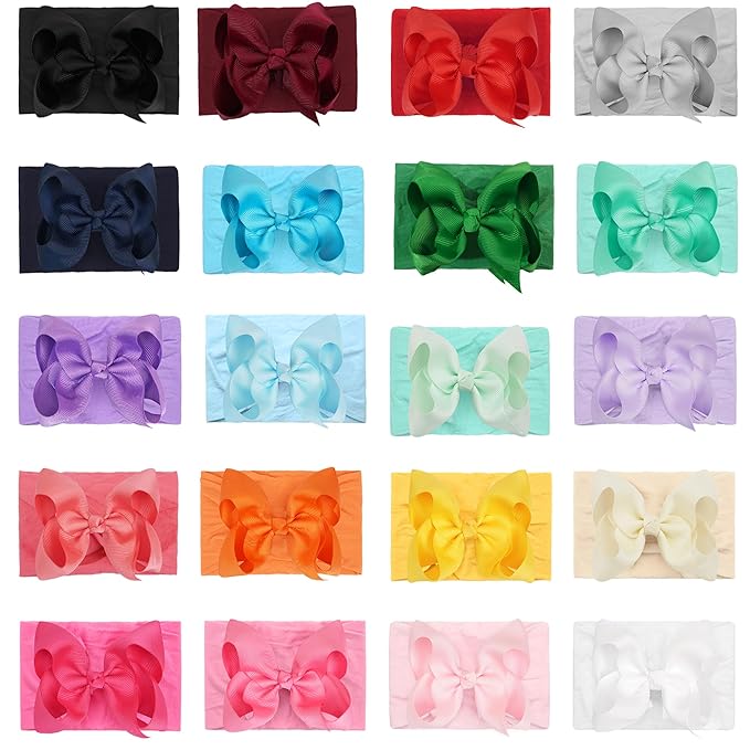 CÉLLOT 20 Colors Baby Girl Headbands with 4 Inches Hair Bows Nylon Turban Head Wraps Headbands for Newborn Infants and Toddlers