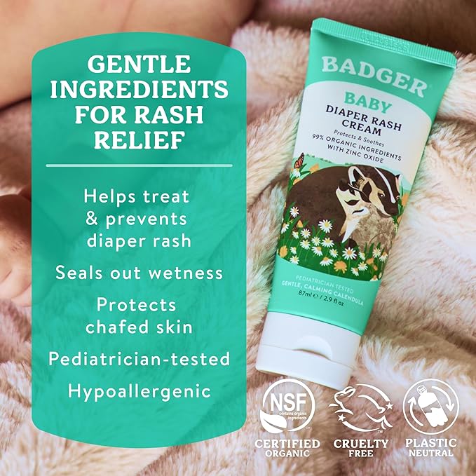 Badger Baby Diaper Rash Cream, Zinc Oxide Diaper Cream for Babies, Natural Skin Barrier Cream with Organic Sunflower Oil & Beeswax, 2.9 fl oz