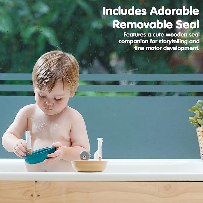 PlanToys® Wooden Sailing Boat Toy with Seal | Bath Time Water Toy for Floating Play, Imagination & Gentle Sensory Exploration | Eco Friendly Toy for Bath and Water Play