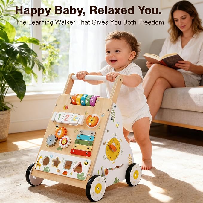 Wooden Baby Walker with Wheels, Baby Push Walker Adjustable Speed for Boys and Girls,Montessori Activity Center Walking Toys for 1 Year Old Learning to Walk,First Birthday Gift