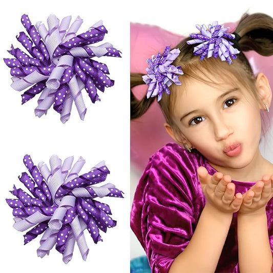 Yxiang 2PCS Purple Korker Bows for Girls 3'' Curly Bow Hair Clip Ribbon Ponytail Bows Alligator Clip Hair Barrette for Girls Toddlers Kids