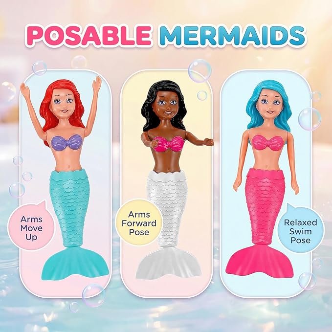 Mermaid Bath Toys for Toddlers Kids Girls - Princess Wind Up Tail Flap Floating Water Bathtub Toys, Swimming Pool Bathing Time Fun (6 Pack)