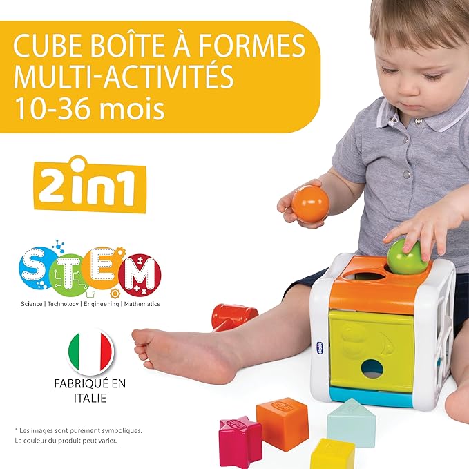 Chicco Cube with Stroke and Hammer 2 in 1, Game Shapes and Rods for Children with 4 Geometric Shapes, 2 Balls and Hammer, Multifunctional Dice - Educational Game 10 Months - 3 Years