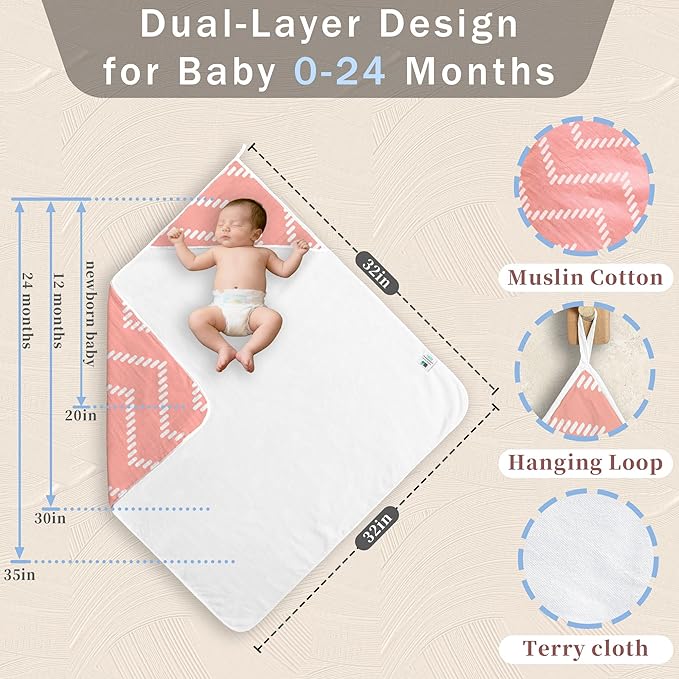 VOOVA & MOVAS 2Pack Hooded Baby Towels - 100% Muslin Cotton,450GSM, 32x32 Inches,0-24Months, Super Absorbent Large Bath Towel with Hood for Newborn,Toddler,Infant, Pink Geometry & Rainbow Patten