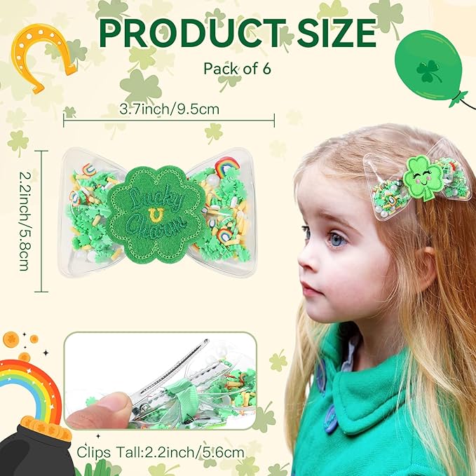 CN 6PCS St Patricks Day Hair Bows for Girls, 3.5 Inch Green Lucky Shamrock Alligator Hair Clips, Clover Hair Accessories for Girls Toddler Kids Teens Children