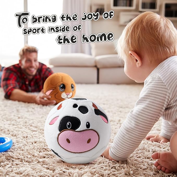 VangeBow Silent Indoor Soccer Balls for Toddlers 1-3, Inflatable Soft Plush Baby Toddler Soccer Ball Toys Gifts for Kid 3-5 Year Old Boy Girl First Birthday Gift (Cow, Pump Include)