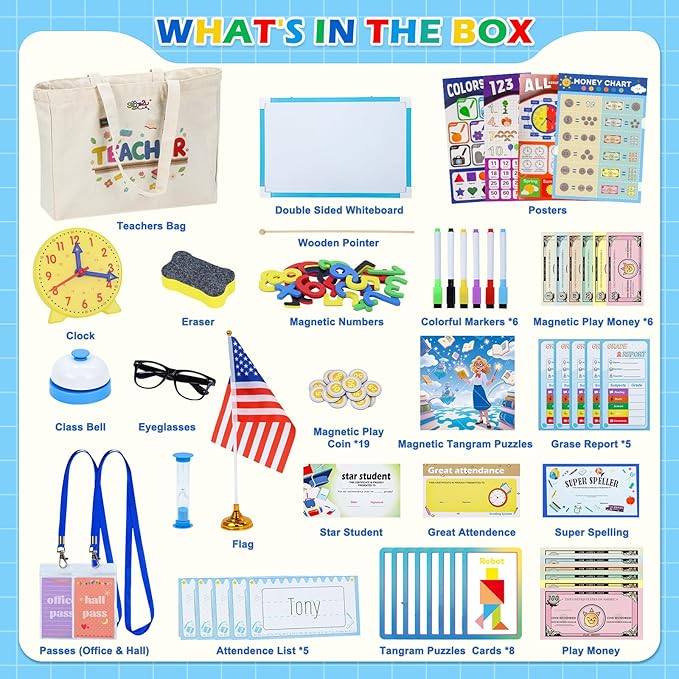 Gifts2U Pretend Teacher Playset for Kids, Play School Toys for Girls Boys with Teacher Bag, Whiteboard, Play Money, Learning Clock, Educational Posters and Play Teaching Supplies