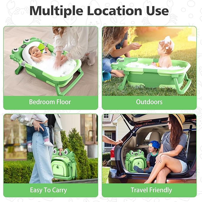 Collapsible Baby Bathtub for Newborns with Thermometer and Soft Floating Cushion Portable and Foldable Travel Baby Bath Tub for Infants to Toddler 0-36 Month(Dark Green)