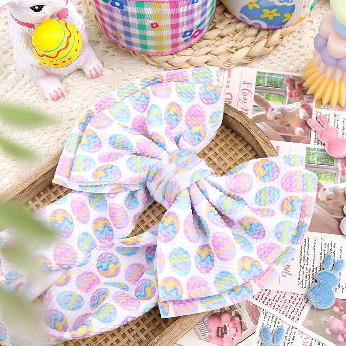 YanJie 7" Easter Headbands Egg Bows Headbands Girls Newborn Infant Nylon Hairbands Bunny Headband Easter Hair Accessories White Purple Party Costume