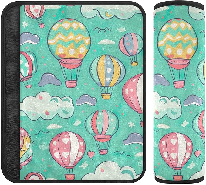 CHIFIGNO Hot Air Balloons and Clouds Turquoise Seat Belt Cover Pack of 2 Car Seat Strap Pads Soft Shoulder Strap Covers for Adults Kids