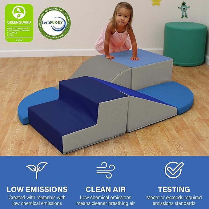 FDP SoftScape Playtime All Around Climber for Crawling Infants and Toddlers, Soft Foam Indoor Active Play with Steps and Slides, Growing Minds and Motor Skills (6-Piece) - Navy/Powder Blue, 13021-NVPB