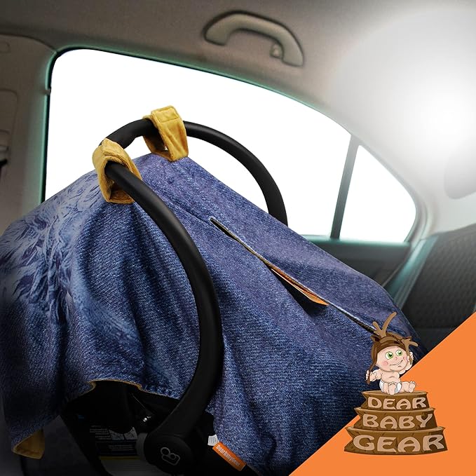 Dear Baby Gear Car Seat Cover for Boys & Girls - Baby Carseat Canopy w/Snap Opening - Infant Seat Cover - Nursing Covers - Newborn Carrier Canopy -40x30"(Highland Cow on Denim, Smooth Khaki)