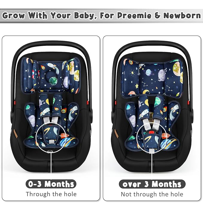Infant Car Seat Insert with 2 Headrests for Doona|Graco, Thickened Baby Car Seat Cushion for Newborn, Car Seat Head Support Shoulder Covers Set Fits for Stroller, Baby Swing, Bouncer (Blue, Space)