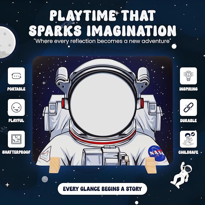 NASA Themed Astronaut Mirror for Toddlers & Kids – Montessori-Inspired Wooden Toy & Space Toy | Kids Room Decor | Shatterproof Mirror for STEM & Early Development | Boys and Girls Gift Ages 1-10