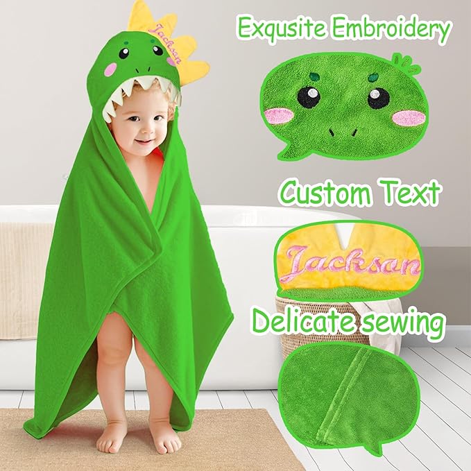 Custom Hooded Baby Towels with Name, Personalized Bunny Easter Gifts for Toddlers, Custom Baby Bath Towels for Newborn, Ultra Soft and Absorbent, Ideal for Girl Boy (Dinosaur)