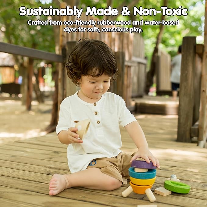 PlanToys® Wooden Stacking Rocket Toy for Toddlers | Montessori Educational STEM Learning Toy | Colorful Wooden Rocket Ship Stacker for Fine Motor Skills, Problem Solving, Preschool Gift