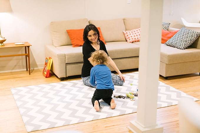 Baby Care Play Mat (Large, Zig Zag - Grey) 82'' x 55'' Original One-Piece Reversible Rollable Waterproof Play Mat for Infants, Babies, Toddler, and Kids