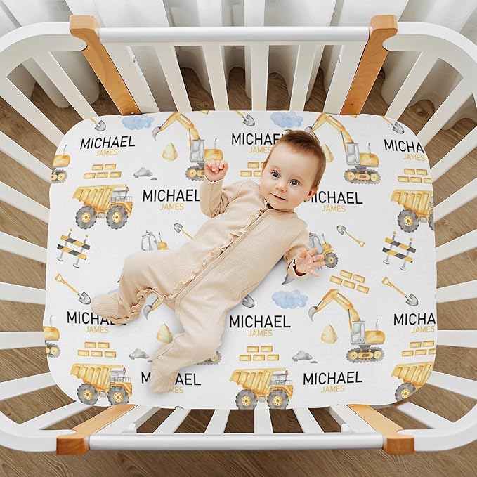 Personalized Pack and Play Sheets with Name, Custom Construction Baby Mini Crib Sheets for Baby Boys, Name Pack n Play, Fitted Sheet with Name, Soft and Breathable Material, 39x27x5 Inch