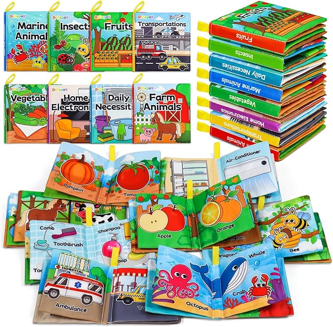 Dr.Rapeti 8-Pack Soft Cloth Books Baby Bath Books Crinkle Washable Chewable Early Educational Preschool Learning Giftable for Infant Toddler Kid