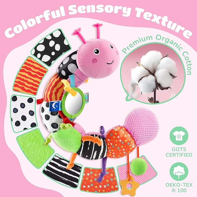 AWOTOY Baby Toys 6-12 Months Music Caterpillar Infant Toys Stuffed Animals 0-3-6 Months Teething Tummy Time Sensory Toys with Mirror Rattle&Pull String for Boys Girls Birthday Gifts|Pink,Knot Limb